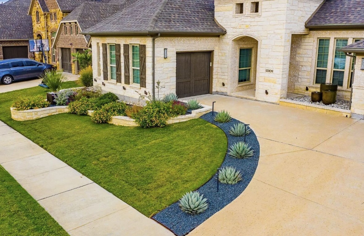 Professional landscaping services in Burleson, TX showing beautiful front yard design