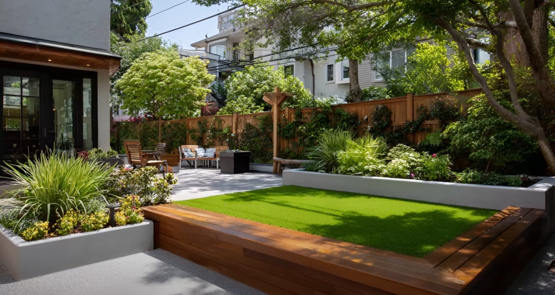 Modern backyard with professional landscape lighting, raised garden beds, wooden deck, and lush plantings creating an inviting outdoor living space
